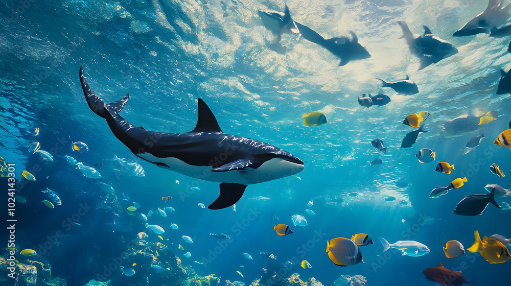 Obraz premium Dreamy underwater realm, vibrant fish swimming amidst colorful marine life, killer whales and dolphins in a blue sea backdrop.