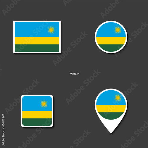 Rwanda flag icon set in different shape (rectangle, circle, square and marker icon) on dark grey background. Rwanda sticker icon collection on barely dark background	