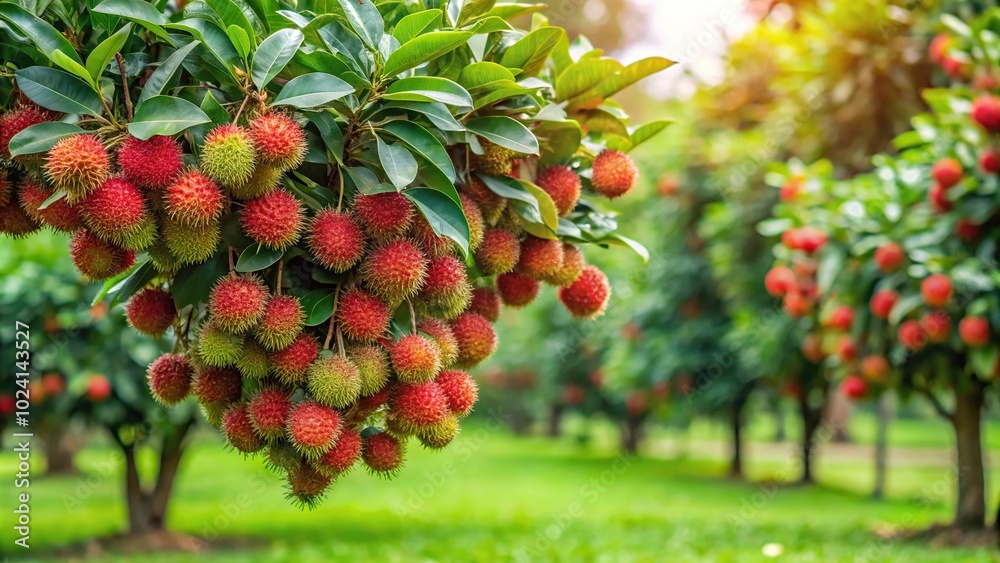 Obraz premium Long shot of rambutan on green tree in organic garden, symbolizing harmony between agriculture and nature