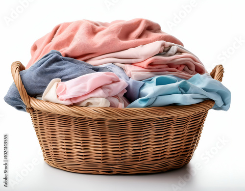 laundry basket with clothes.a wicker basket filled with freshly washed laundry, isolated on a white background, focusing on soft pastel-colored clothes for a clean and fresh aesthetic.  