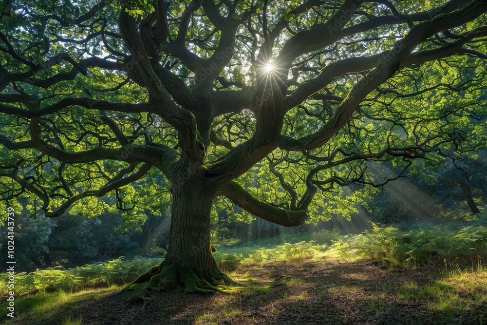 Sunlight Through the Canopy of a Large Oak Tree in a Forest Sunlight Through the Canopy of a Large Oak Tree in a Forest