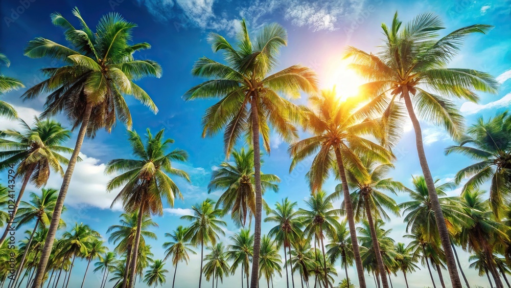 Long shot of tropical palm trees in the sunlight Long shot of tropical palm trees in the sunlight