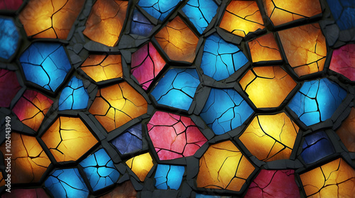 Colorful Mosaic Pattern Featuring Cracked Neon Tiles in Blue, Yellow, and Pink Shades Illuminated with Vibrant Light Creating an Abstract Design Effect