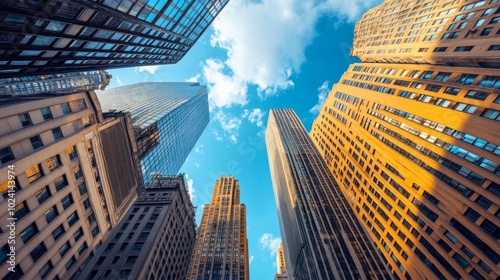 Wallpaper Mural A low-angle shot of high-rise office buildings in a vibrant financial district, their clean lines and towering height set against a vivid blue sky Torontodigital.ca