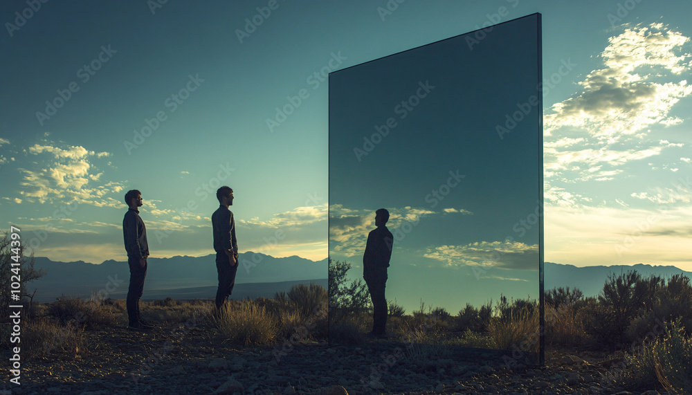 Fototapeta premium Photograph people standing next to large mirrors outdoors, blending reflections of the sky or landscape with their form to create a surreal, alternate reality effect
