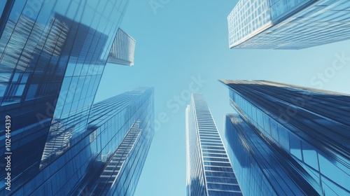 The towering glass structures of a financial district soar against a clear blue sky, creating a scene of modern business and urban architecture.