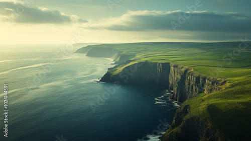 A serene view of the Irish coastline, with rugged cliffs meeting the sea, green fields stretching to the edge, and soft sunlight casting a warm glow over the landscape, peaceful and breathtaking 