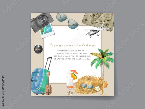 Illustration of postcard with travel and vacation watercolor
