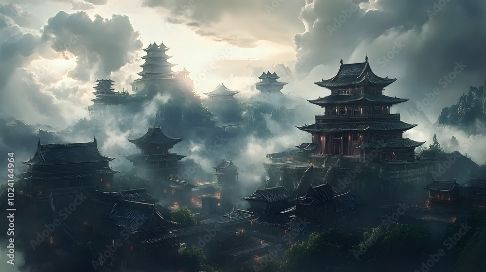 Obraz premium A sprawling scene of towering traditional East Asian buildings set against a dramatic sky