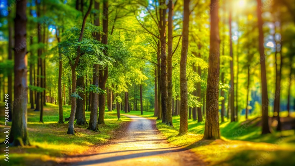 Obraz premium Serene Forest Pathway in Tilt-Shift Photography | Calm Summer Day with Tall Trees and Warm Breeze