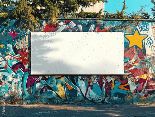 A graffitifilled urban wall with a large blank canvas for Christmasthemed art photo