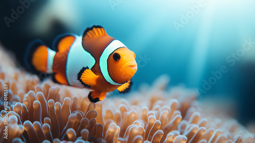 A vibrant clownfish swimming gracefully among a colorful coral reef, showcasing its distinctive orange and white stripes in a serene underwater environment. photo