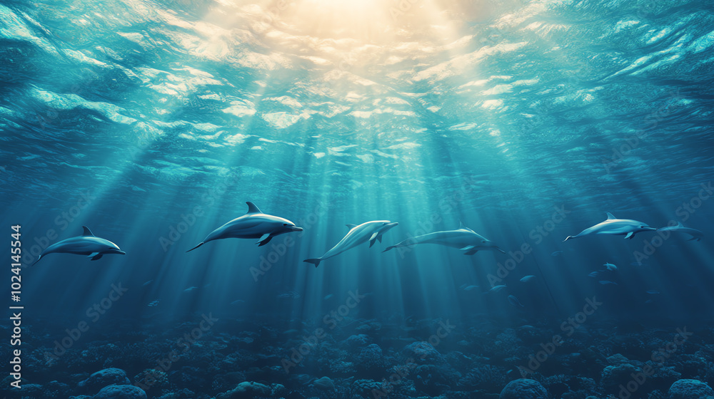 A serene underwater scene featuring a pod of dolphins swimming gracefully, illuminated by sunbeams penetrating the clear blue ocean water.