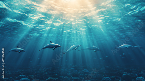 Obraz na płótnie A serene underwater scene featuring a pod of dolphins swimming gracefully, illuminated by sunbeams penetrating the clear blue ocean water. w salonie