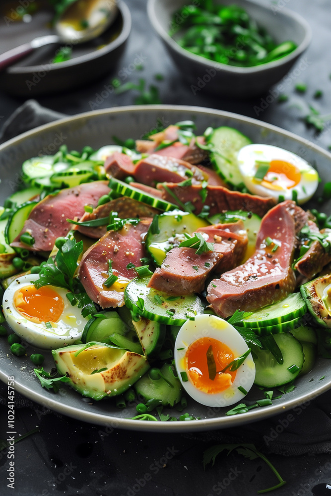 Delicious smoked duck salad with fresh cucumbers, avocado, and boiled eggs Delicious smoked duck salad with fresh cucumbers, avocado, and boiled eggs