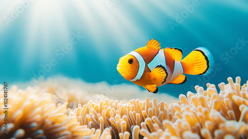 A vibrant clownfish swimming gracefully among soft coral in a clear blue ocean. The sunlit underwater scene captures the beauty of marine life and its natural habitat. photo