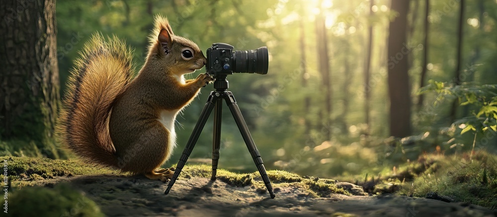 Obraz premium A Curious Squirrel Photographer in the Forest