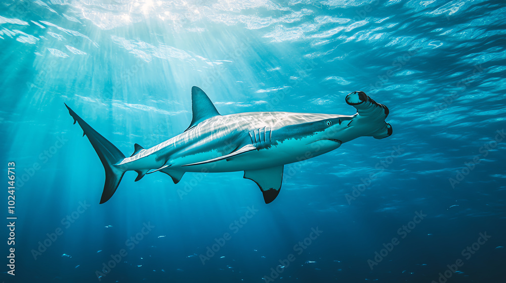 Obraz premium A majestic shark swimming gracefully in crystal clear ocean water, showcasing its powerful body and fins amidst sunlit underwater scenery.