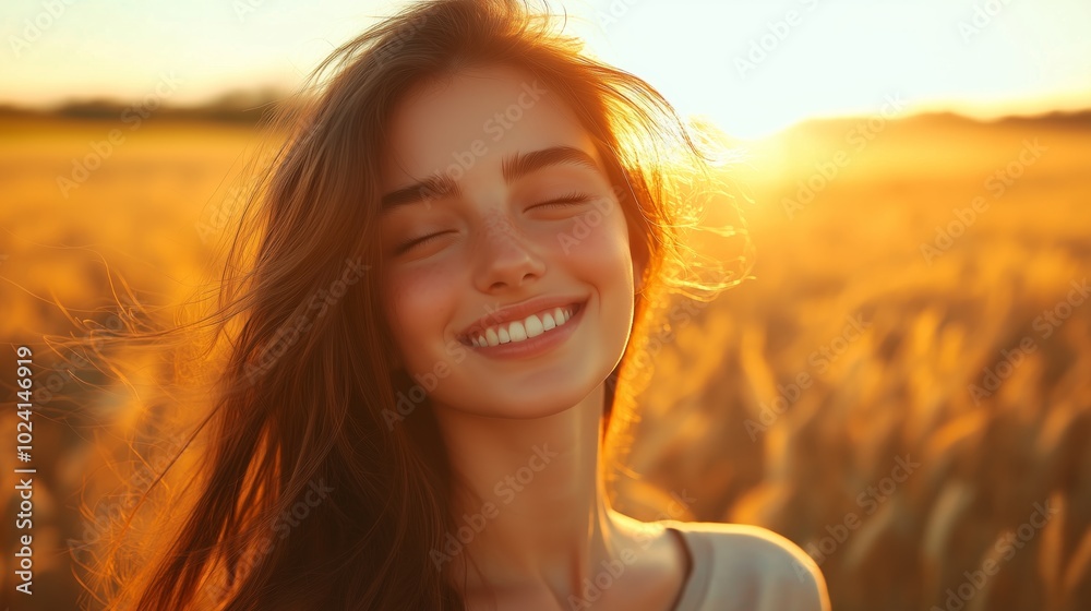 A beautiful woman standing in an open field of wheat and surrounded by nature A beautiful woman standing in an open field of wheat and surrounded by nature