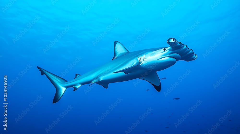Fototapeta premium A sleek shark swimming gracefully through clear blue waters, showcasing the beauty and power of marine life in its natural habitat.