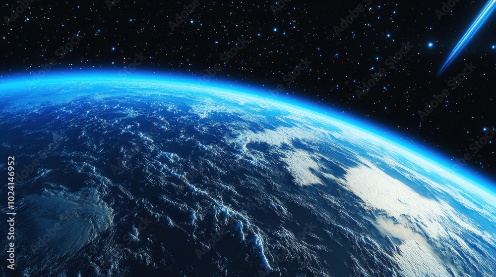 Obraz premium A stunning view of Earth from space, highlighting its atmosphere and celestial surroundings.