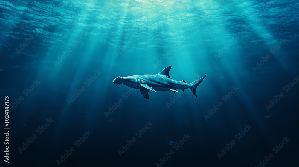 Obraz premium A majestic shark gliding through deep blue ocean waters, illuminated by rays of sunlight. Captures the beauty and mystery of marine life in its natural habitat.