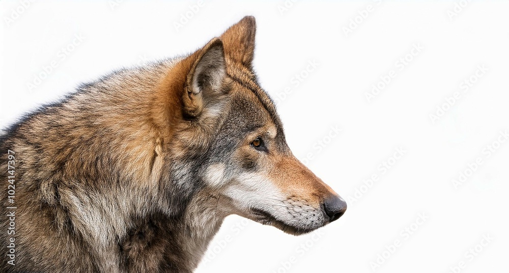 Lobo ibérico de mirada intimidante con un fondo blanco Lobo ibérico de mirada intimidante con un fondo blanco