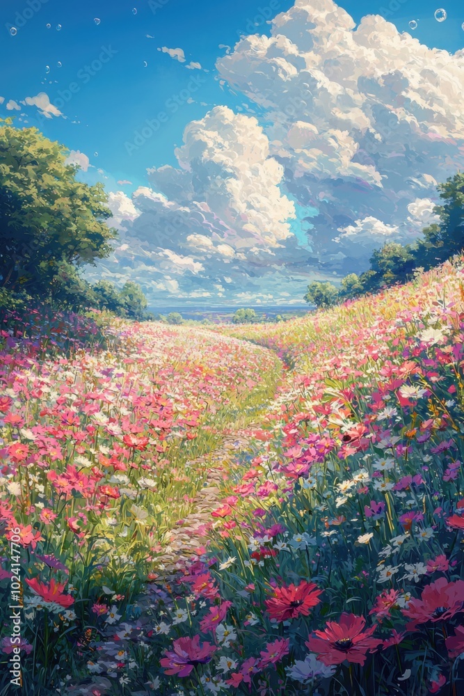 Fototapeta premium Flower Seascape: A Long Car Journey Under a Blue Sky with White Clouds and Bubble Mart Vistas