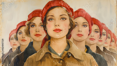 Watercolor Portrait of Women in Red Berets
