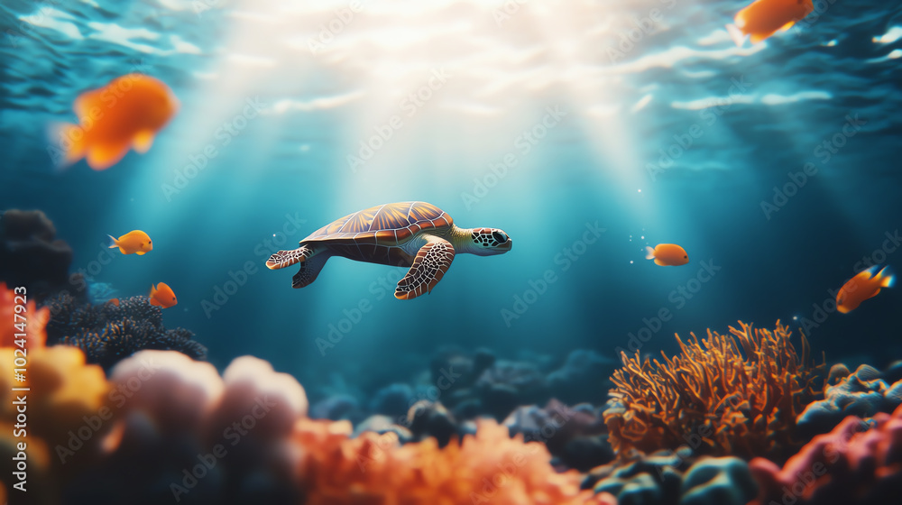A serene underwater scene featuring a graceful turtle swimming among colorful fish and vibrant coral reefs, illuminated by soft beams of sunlight filtering through the water. A serene underwater scene featuring a graceful turtle swimming among colorful fish and vibrant coral reefs, illuminated by soft beams of sunlight filtering through the water.