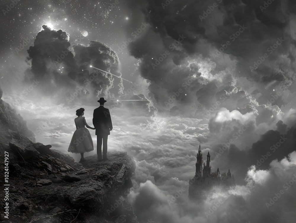 Couple Standing on a Cliff, Looking at a Castle in the Clouds Couple Standing on a Cliff, Looking at a Castle in the Clouds