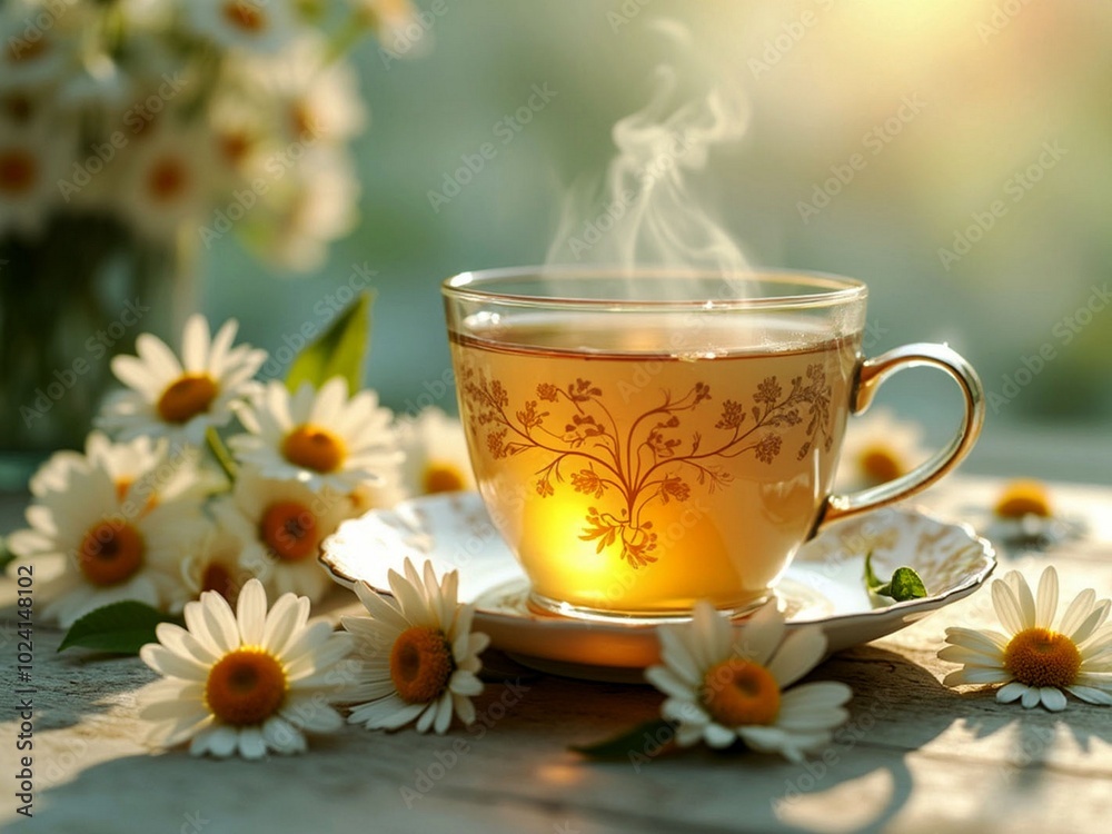 Relaxing Cup of Calming Chamomile Tea with Fresh Flowers Relaxing Cup of Calming Chamomile Tea with Fresh Flowers
