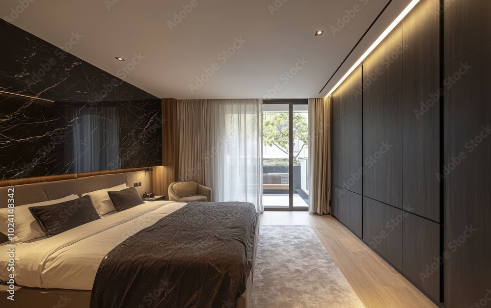 Fototapeta premium Side perspective of the wardrobe, capturing how the black marble doors complement the clean, uncluttered lines of the minimalist bedroom. 