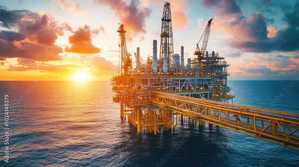 Vibrant Sunset Over Offshore Oil Platform Vibrant Sunset Over Offshore Oil Platform