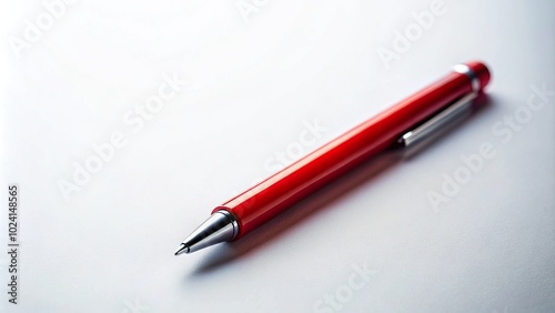 Low angle minimalist elegance red colorless pen resting on a white surface