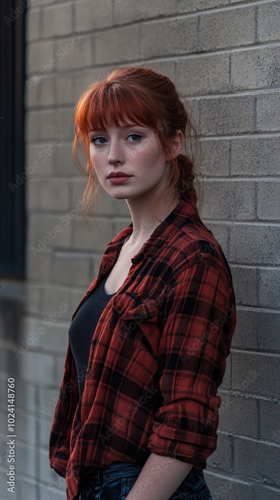 Redhead Woman in Plaid Shirt Posing Against Brick Wall Redhead Woman in Plaid Shirt Posing Against Brick Wall