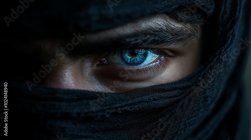 close up of eye, dark background, mysterious and moody, a man wearing black scarf covering his face with only one blue eyes showing through the cloth