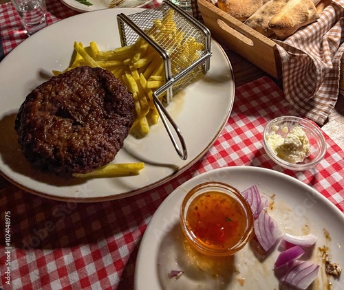 Cutlet and French fries in a basket next to purple onion and kajmak. Serbian cuisine
