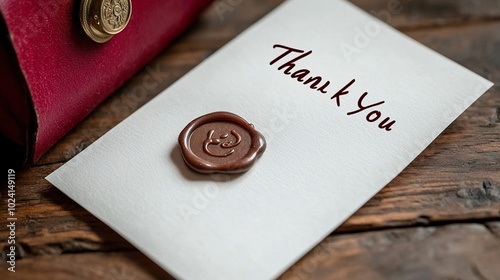 A handcrafted thank you card with elegant wax seal positioned on a rustic wooden surface.