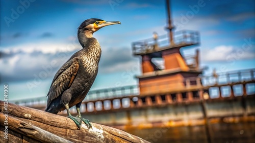 Low angle photograph of a cormorant Phalacrocorax perched on a stranded ship