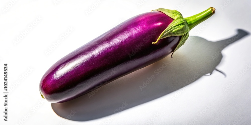 Low angle purple eggplant with bright green calyx casting long shadow on pristine white background Low angle purple eggplant with bright green calyx casting long shadow on pristine white background
