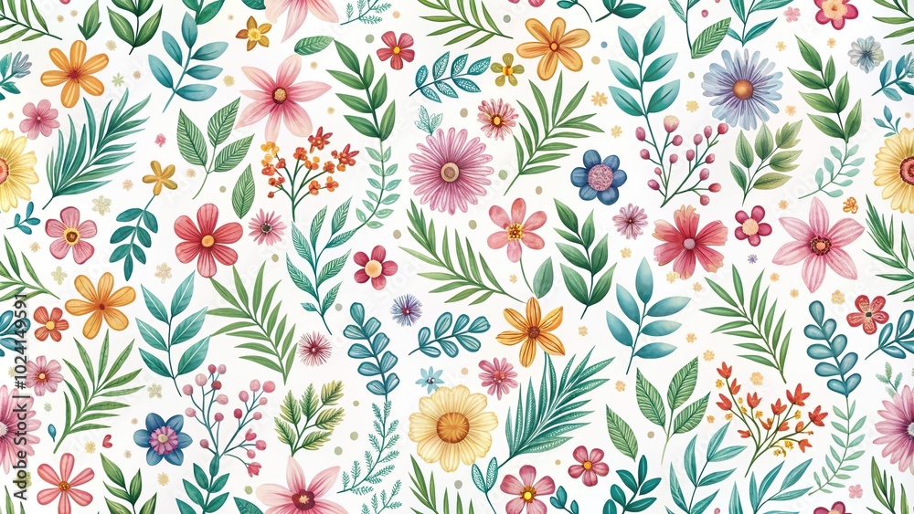 Low angle, random flowers, leaves, minimalistic, seamless pattern texture with white backdrop Low angle, random flowers, leaves, minimalistic, seamless pattern texture with white backdrop