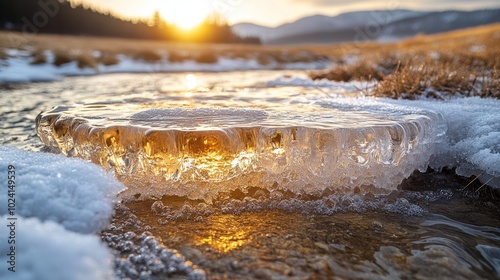 A large piece of ice sits in a small stream with snow on the banks, the setting sun reflecting on the ice. photo