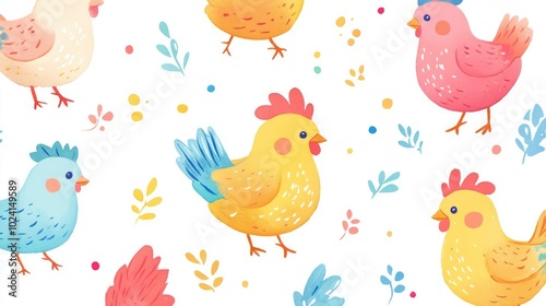 Colorful Chicken Pattern Illustration on a White Background