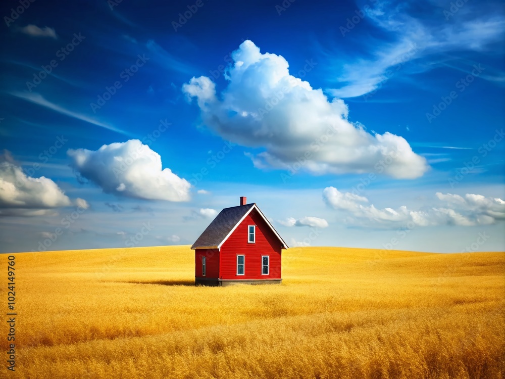 Solitary Red House Nestled in a Vast Golden Field Under a Bright Blue Sky – A Serene and Solitary Red House Nestled in a Vast Golden Field Under a Bright Blue Sky – A Serene and