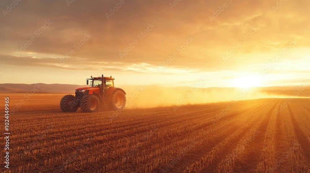 A large modern tractor plowing a field at sunrise, with the warm golden light highlighting the machinery. The expansive sky offers ample copy space to the upper left A large modern tractor plowing a field at sunrise, with the warm golden light highlighting the machinery. The expansive sky offers ample copy space to the upper left