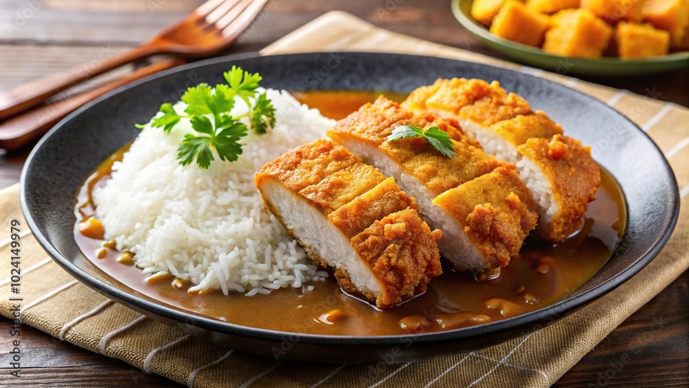 Low angle shot of delicious chicken katsu curry with breaded cutlets and Japanese sauce Low angle shot of delicious chicken katsu curry with breaded cutlets and Japanese sauce