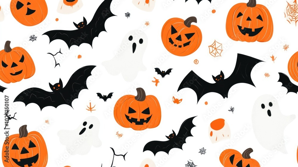 Seamless Halloween Pattern with Bats, Pumpkins, and Ghosts on White Background Seamless Halloween Pattern with Bats, Pumpkins, and Ghosts on White Background