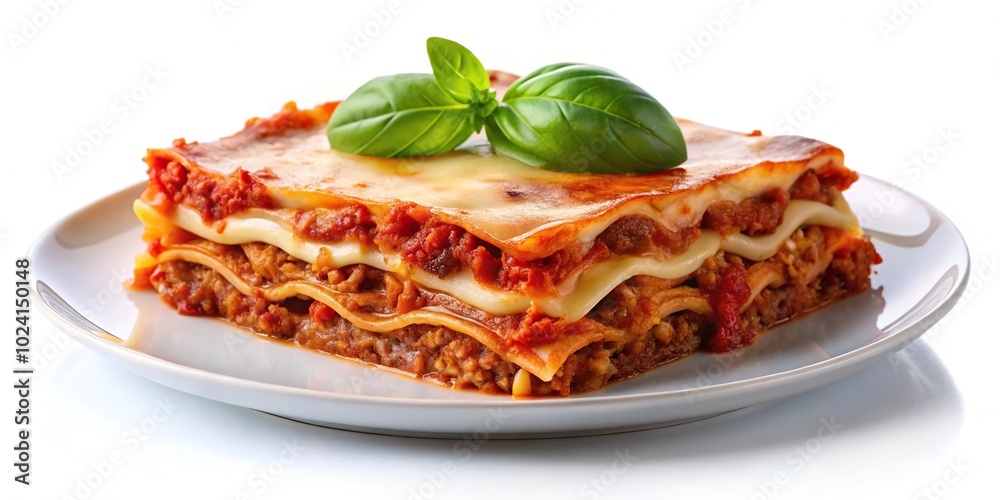 Low angle shot of lasagna on plate with bolognese sauce, isolated on white background Low angle shot of lasagna on plate with bolognese sauce, isolated on white background