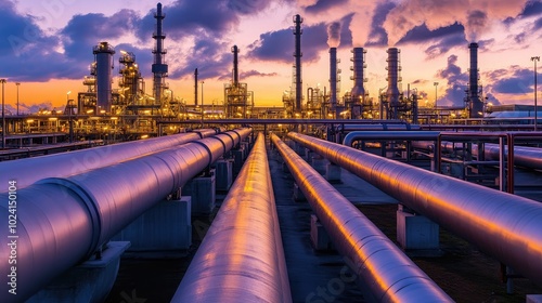 Industrial Landscape at Sunset with Pipelines and Towers